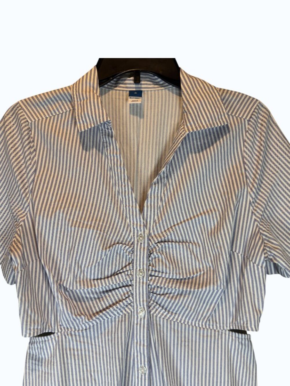 Old Navy Cutout Midi Shirt Dress Size M Blue White Pinstripe Side Slits Cotton